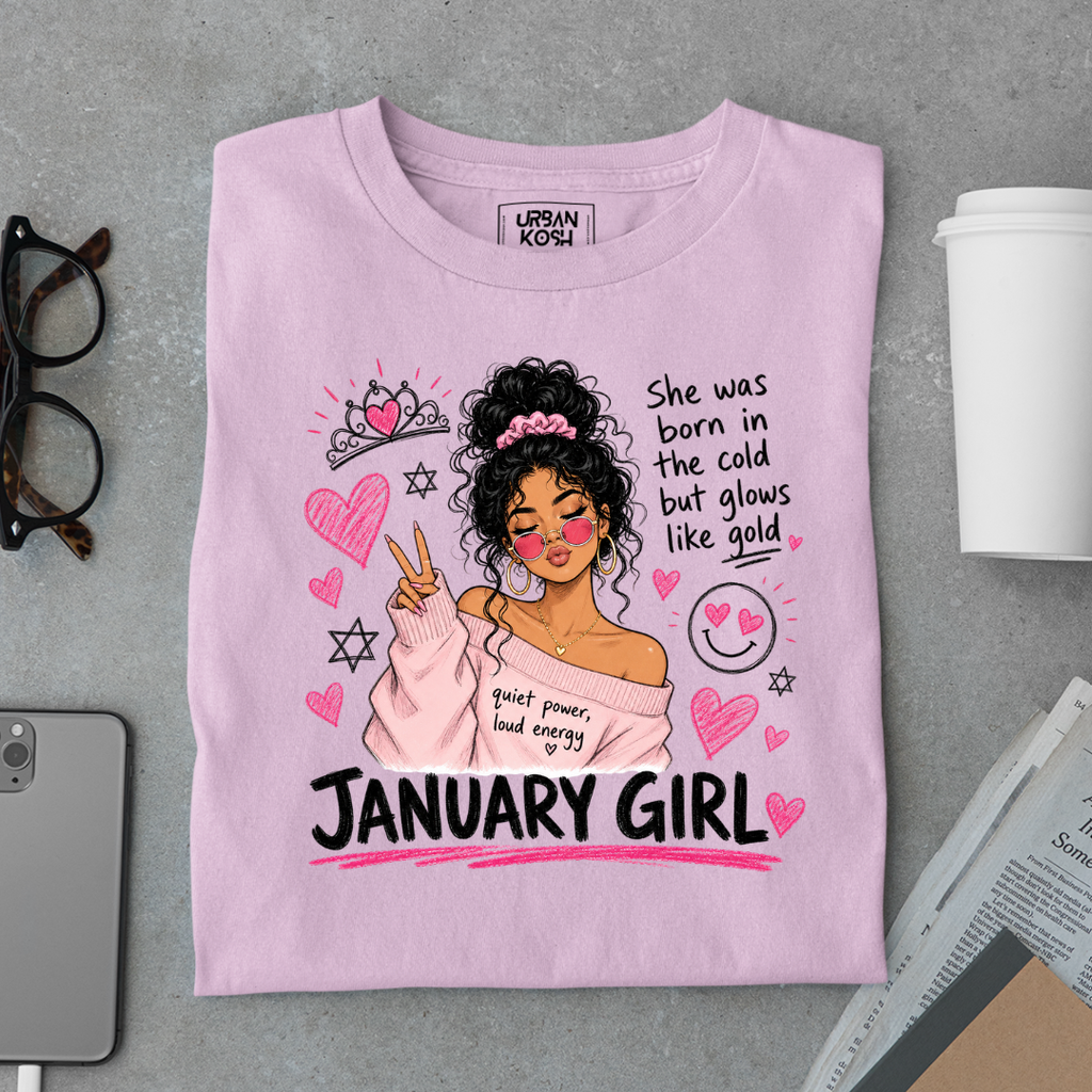 January Girl Graphic T-Shirt – Glows Like Gold" Birthday Shirt