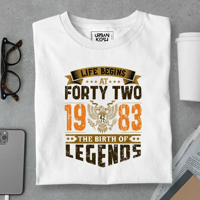 Life Begins at 42, The Birth of Legends Premium Unisex Birthday T-shirt