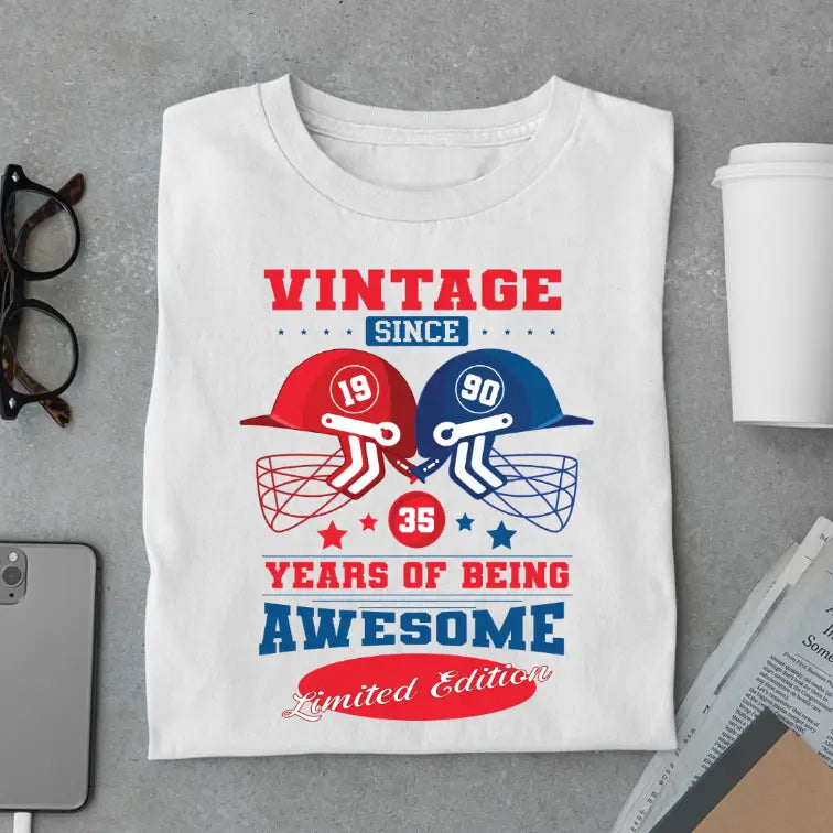 Vintage 1990 Limited Edition Retro Cricket Helmet T-Shirt – Premium Birthday Gift