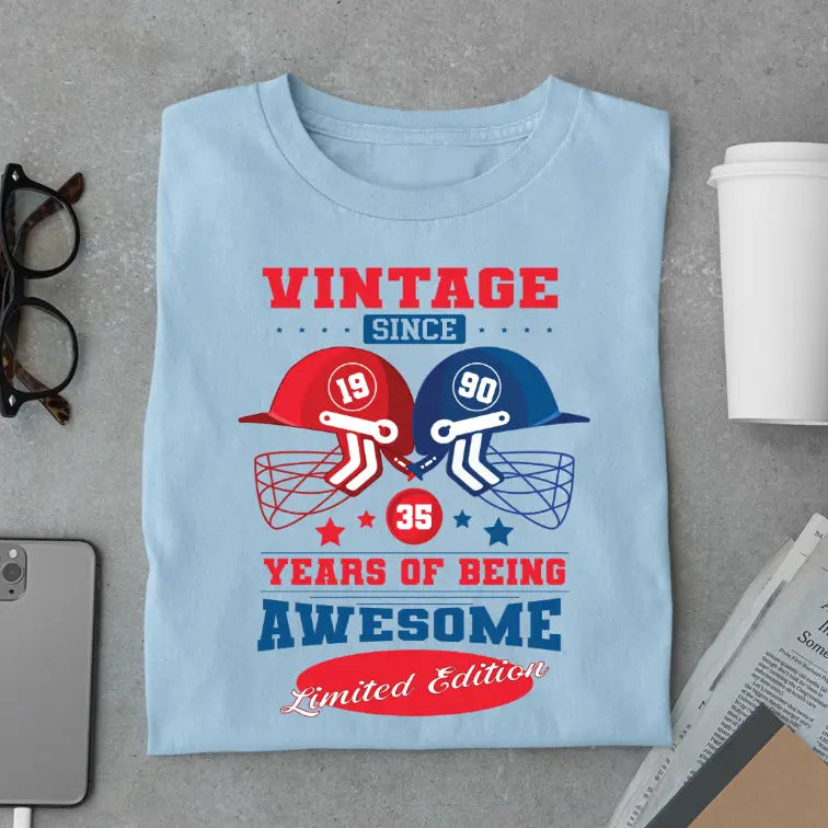 Vintage 1990 Limited Edition Retro Cricket Helmet T-Shirt – Premium Birthday Gift