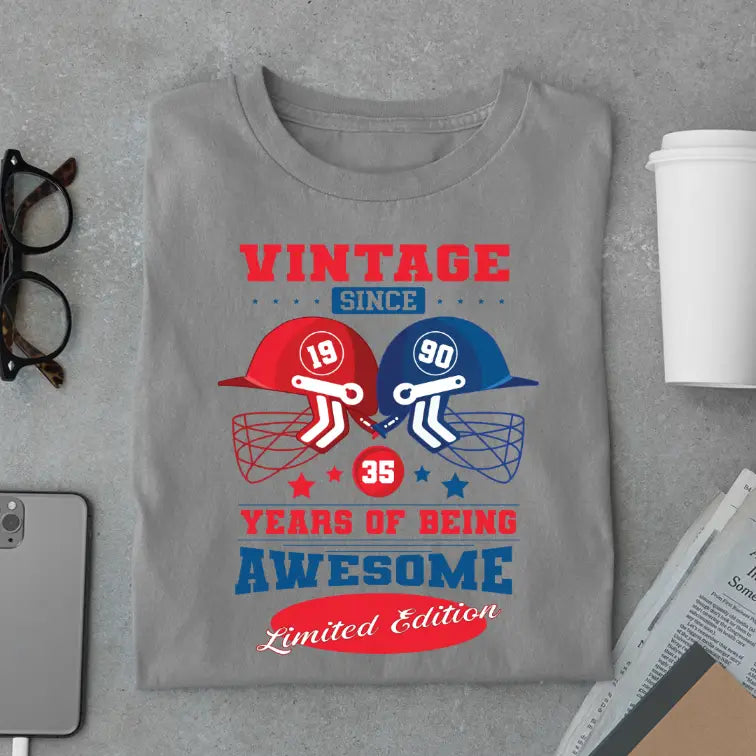 Vintage 1990 Limited Edition Retro Cricket Helmet T-Shirt – Premium Birthday Gift