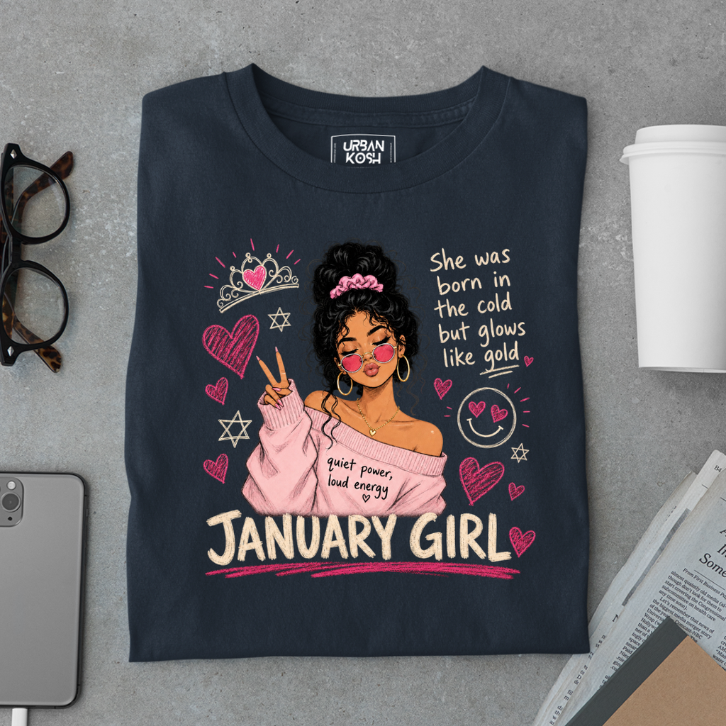 January Girl Graphic T-Shirt – Glows Like Gold" Birthday Shirt