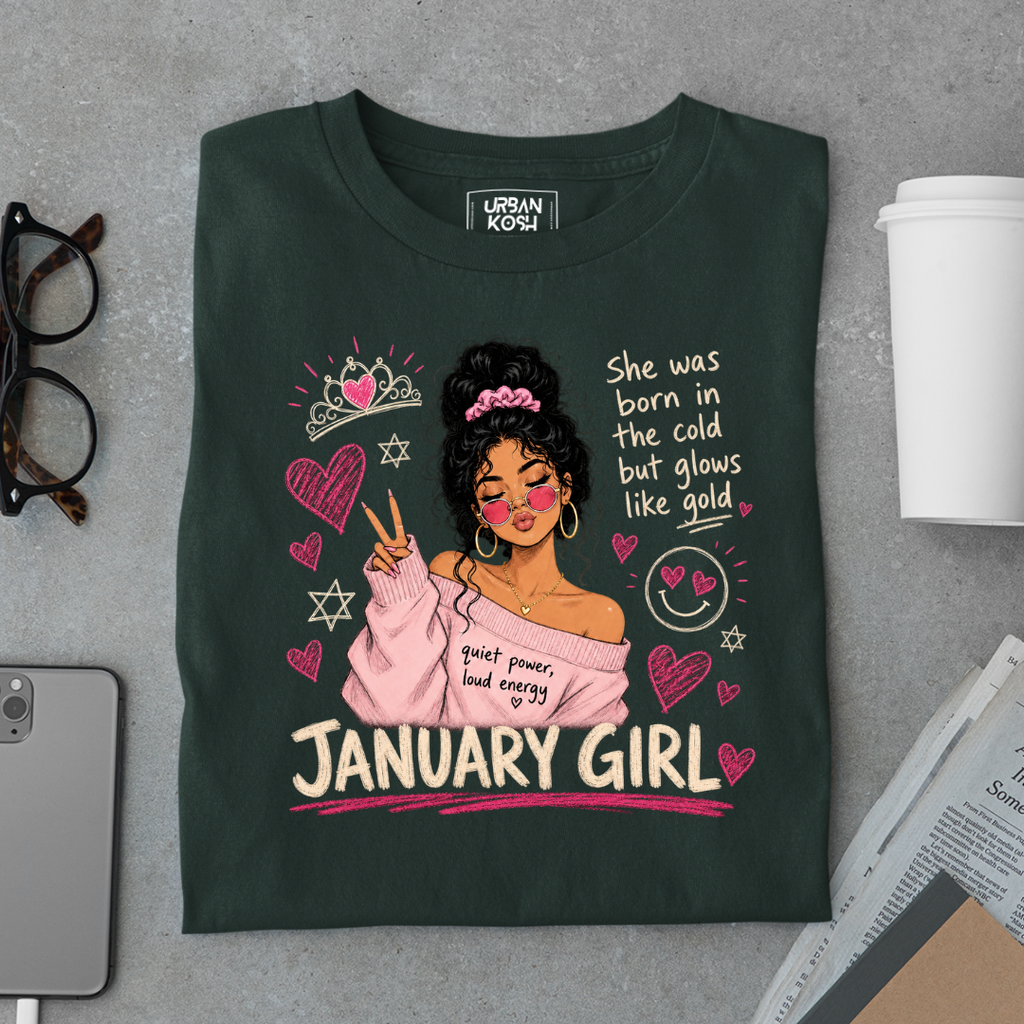 January Girl Graphic T-Shirt – Glows Like Gold" Birthday Shirt