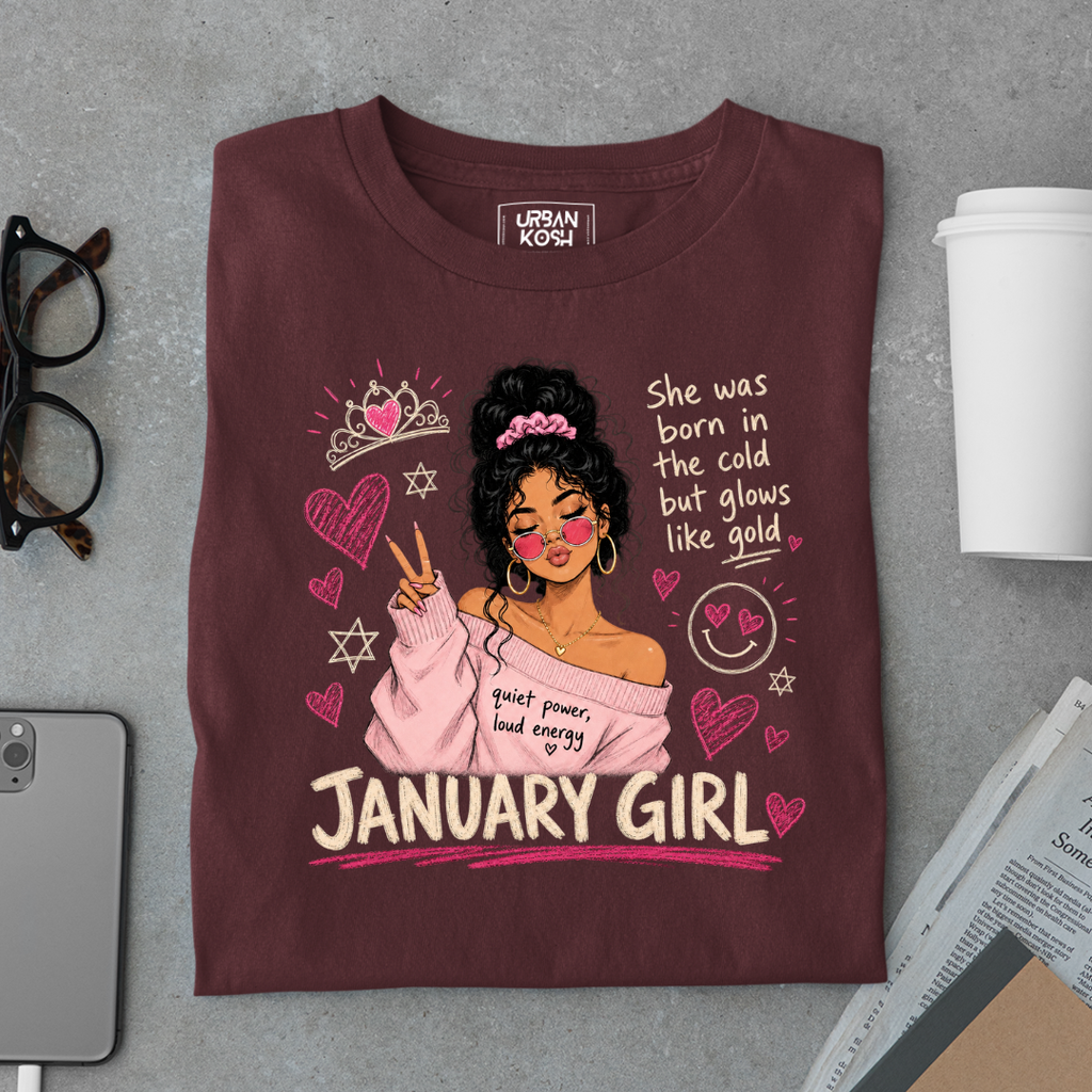 January Girl Graphic T-Shirt – Glows Like Gold" Birthday Shirt