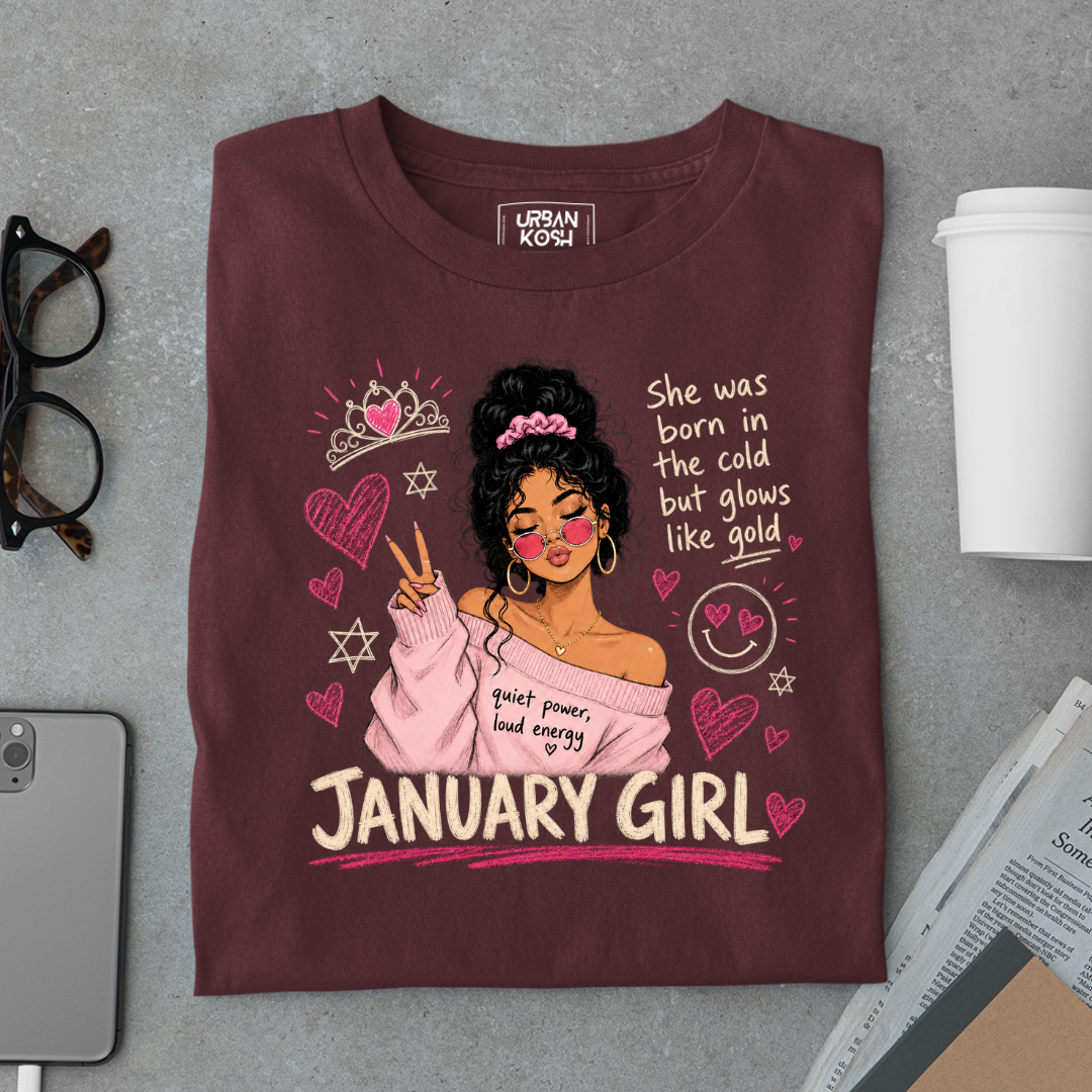 January Girl Graphic T-Shirt – Glows Like Gold" Birthday Shirt