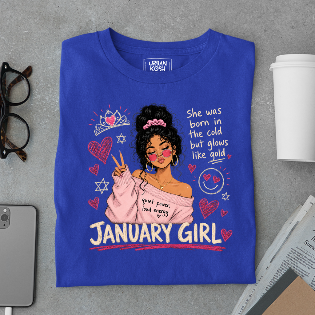 January Girl Graphic T-Shirt – Glows Like Gold" Birthday Shirt