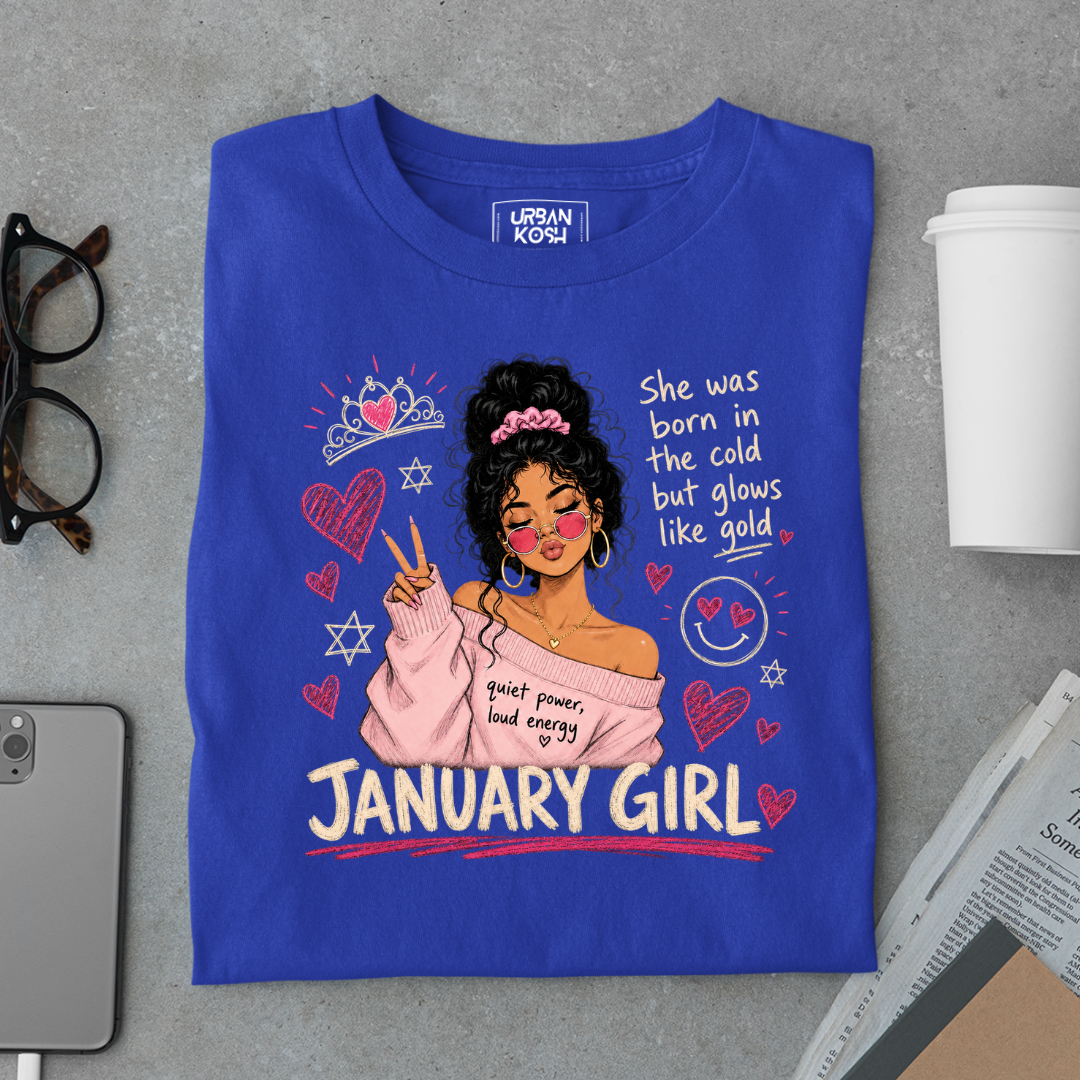 January Girl Graphic T-Shirt – Glows Like Gold" Birthday Shirt