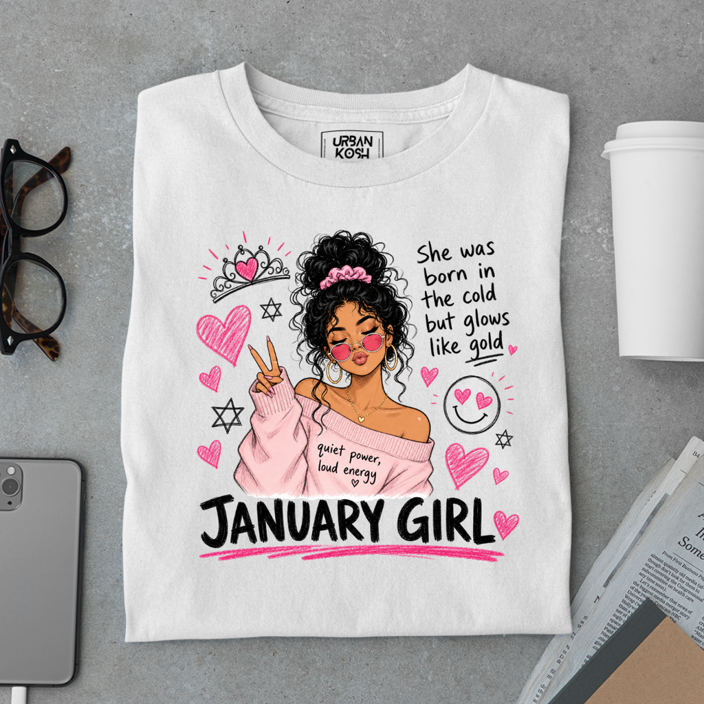 January Girl Graphic T-Shirt – Glows Like Gold" Birthday Shirt