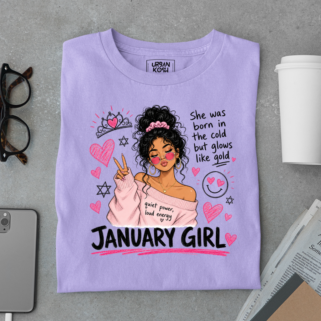 January Girl Graphic T-Shirt – Glows Like Gold" Birthday Shirt