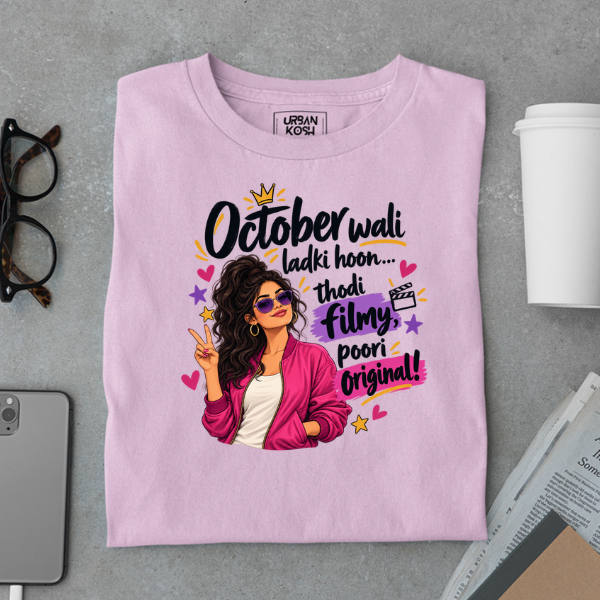 Light Baby Pink UrbanKosh October Thodi Filmy Poori Original Premium Unisex T-Shirt, center chest graphic
