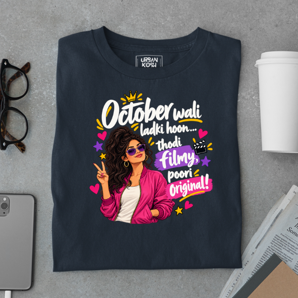 Navy Blue UrbanKosh October Thodi Filmy Poori Original Premium Unisex T-Shirt, center chest graphic