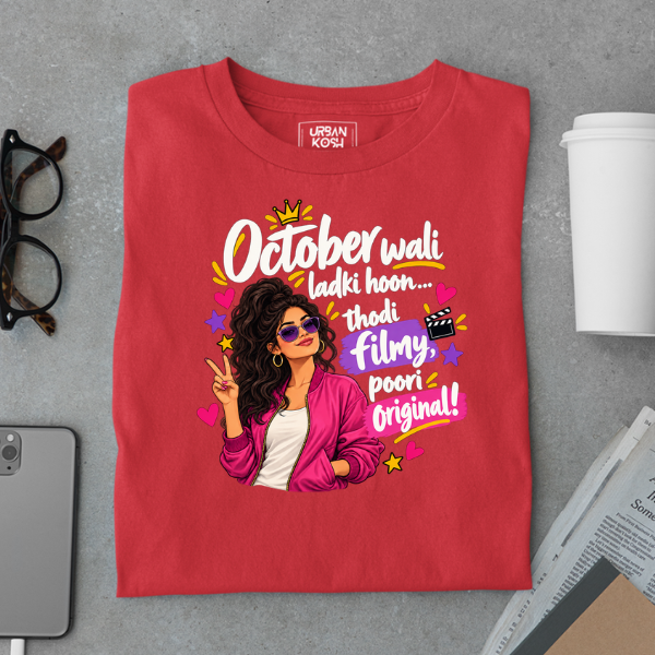 Red UrbanKosh October Thodi Filmy Poori Original Premium Unisex T-Shirt, center chest graphic